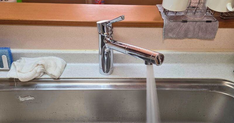 水側のシャワー吐水を試している状態
